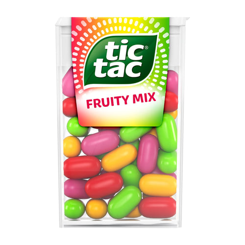 Tic Tac Fruity Mix packaging with colorful candies on a white background