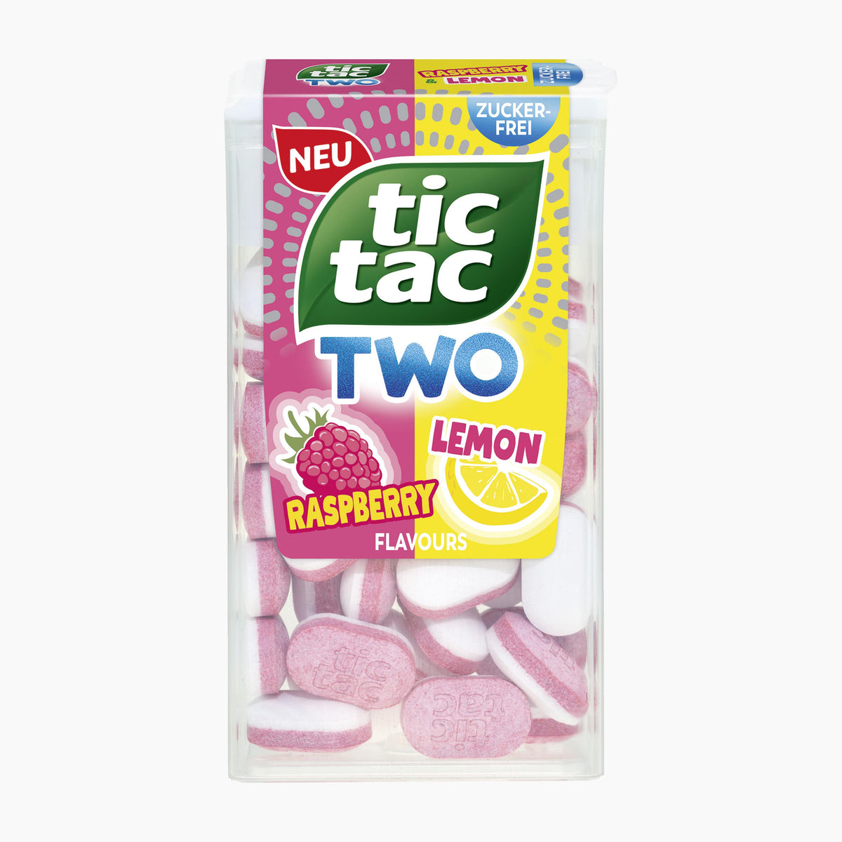 Tic Tac Two Raspberry & Lemon packaging on a light gray background.