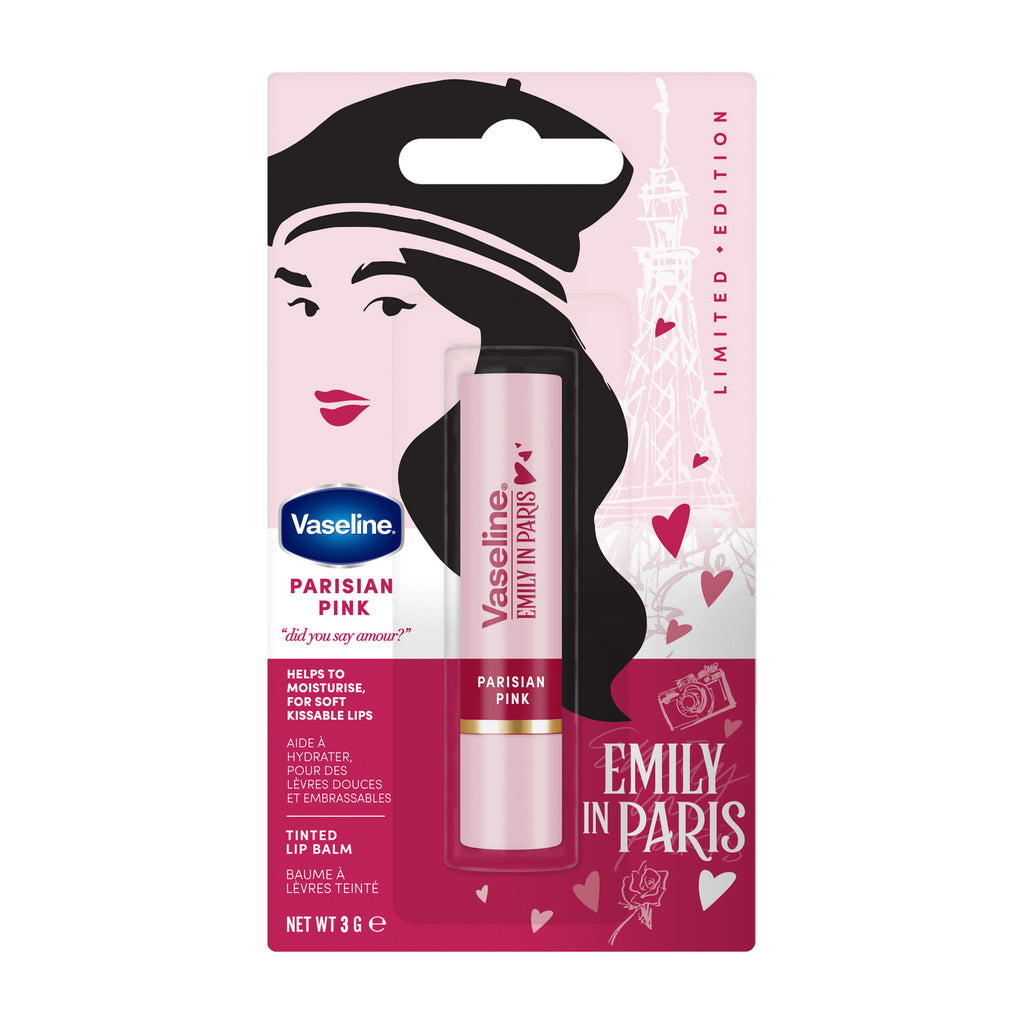 Vaseline Parisian Pink tinted lip balm packaging with 'Emily in Paris' design on a white background