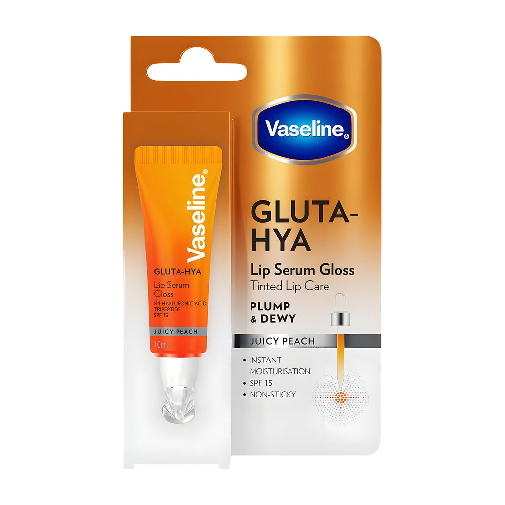 Vaseline Gluta-Hya Juicy Peach lip serum gloss packaging on a white background