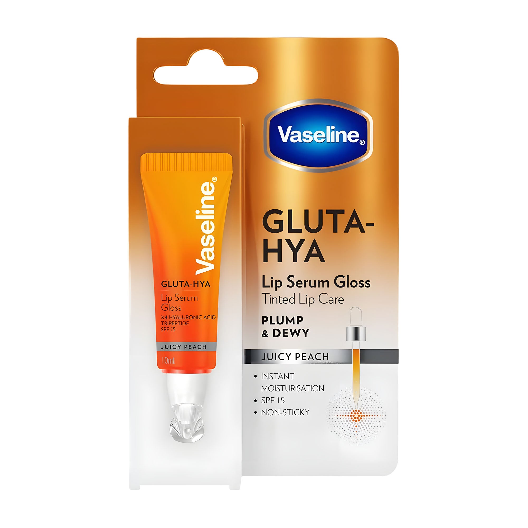Vaseline Gluta-Hya Juicy Peach lip serum gloss packaging on a white background