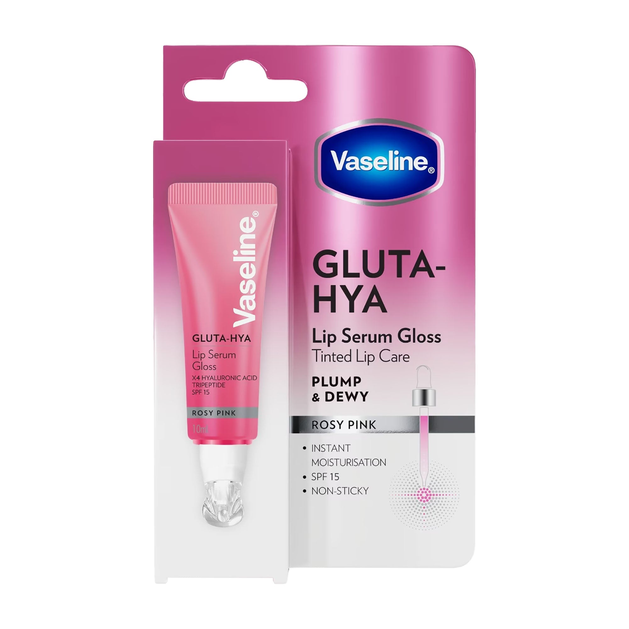 Vaseline Gluta-Hya Rosy Pink Lip Serum Gloss packaging on a white background