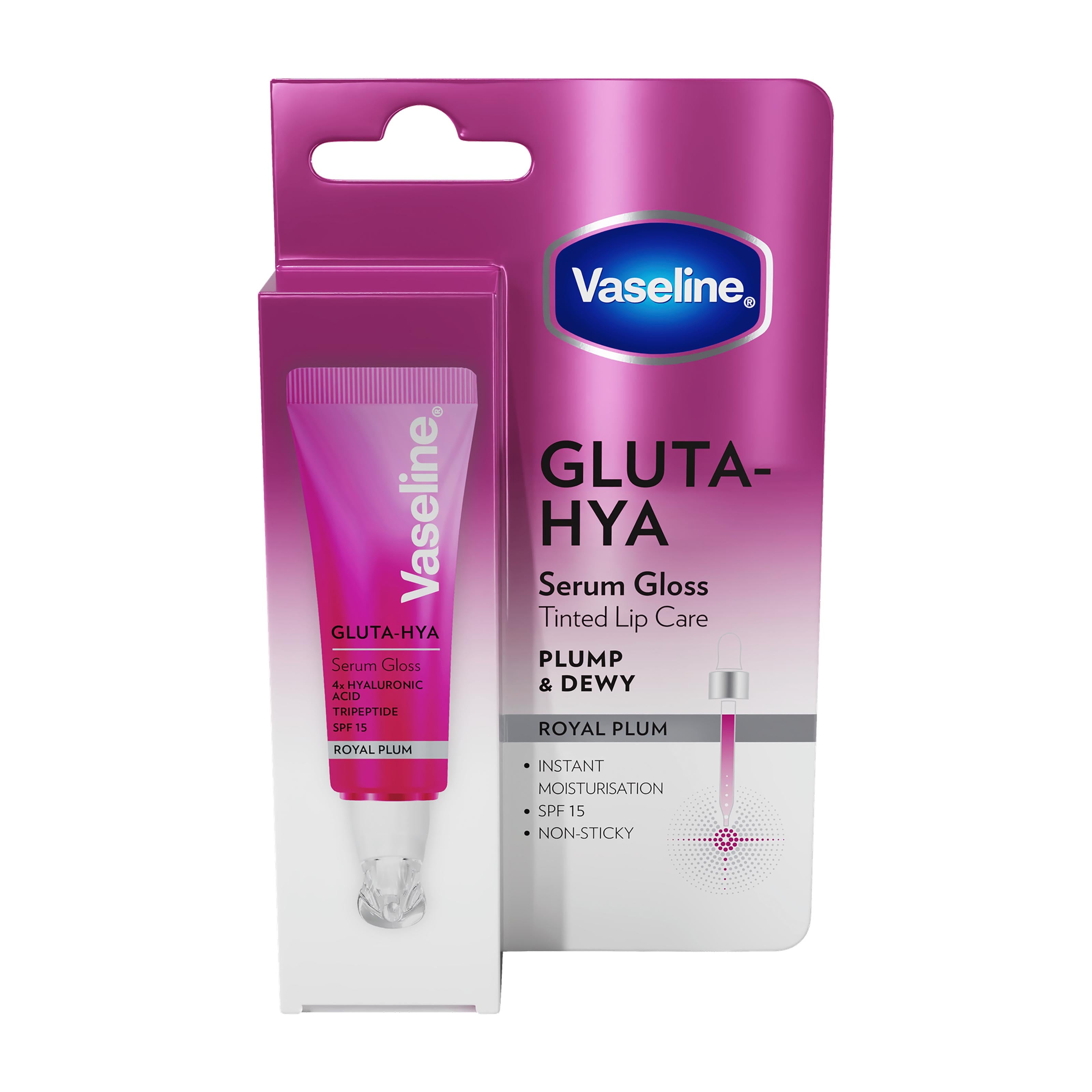 Vaseline Gluta-Hya Serum Gloss Tinted Lip Care Royal Plum packaging on a white background