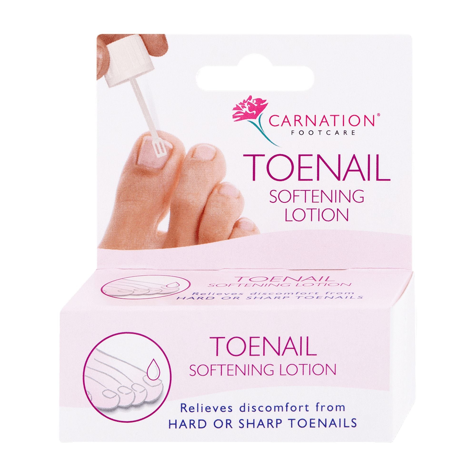 Packaging of Carnation Toenail Softening Lotion with an image of a person applying the product to their toenail, and a graphic representing the product's effect on hard or sharp toenails.