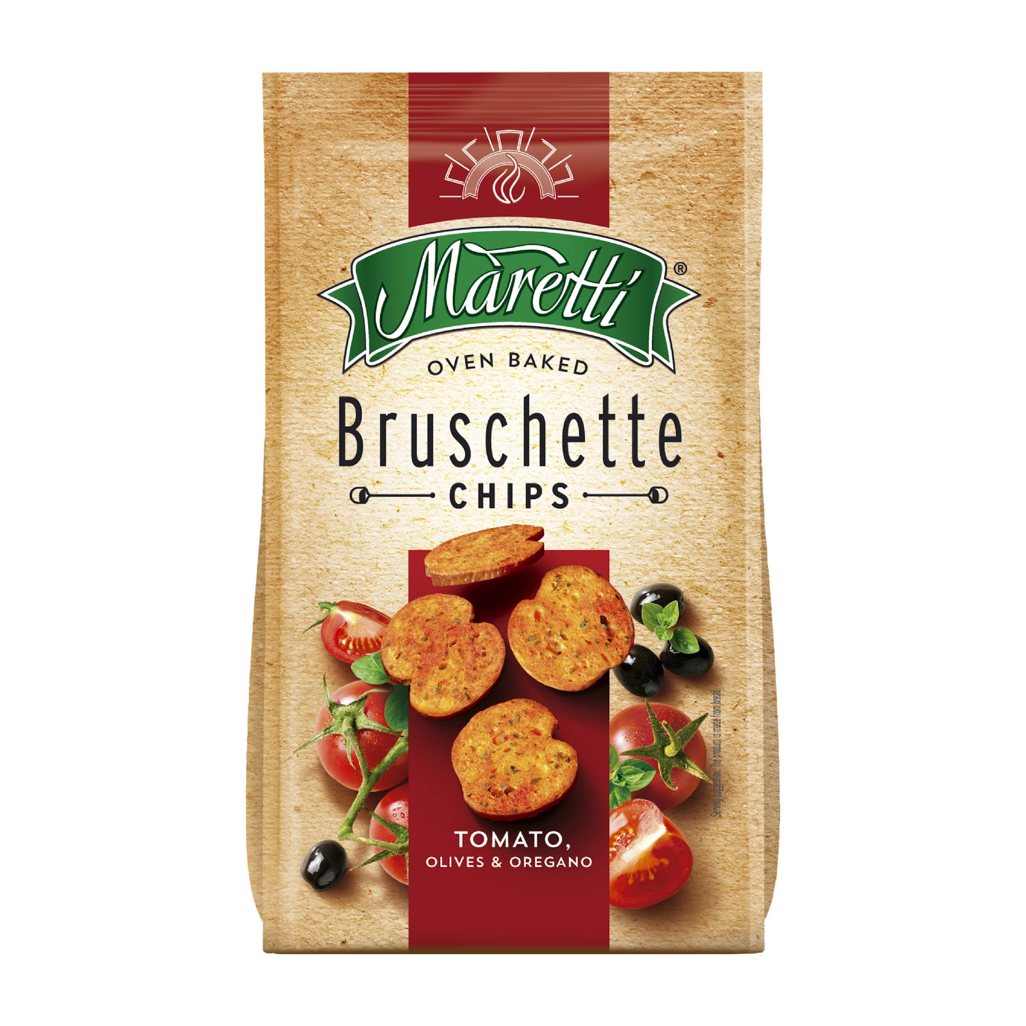 A package of Maretti Bruschette Tomato, Olives & Oregano Bread Chips showing the product name and an image of the chips with tomato, olive, and oregano toppings.