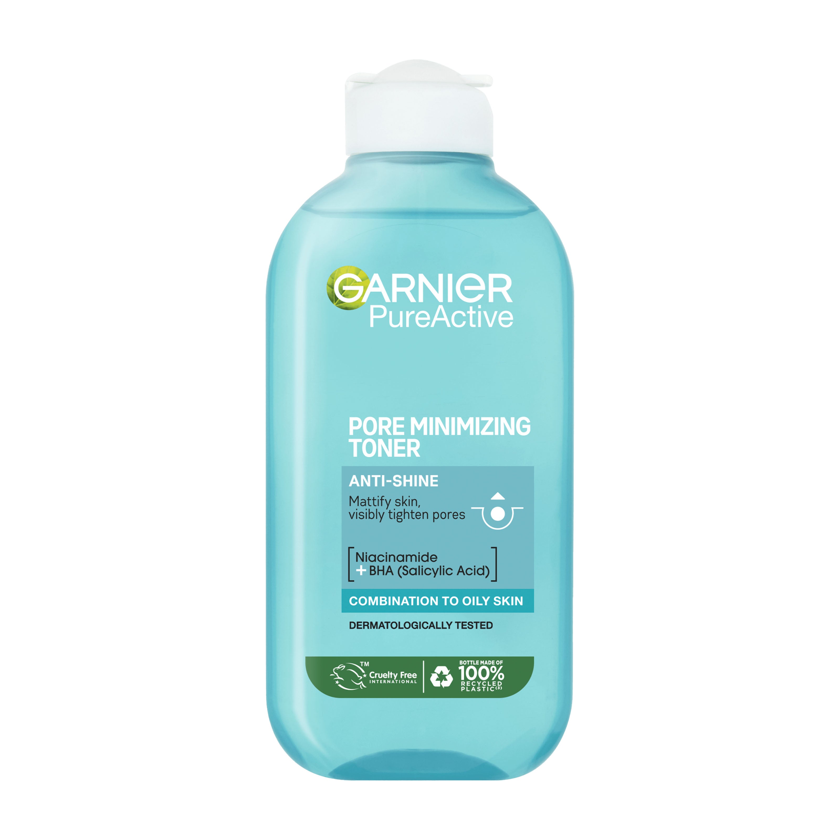 Bottle of Garnier PureActive Anti-Shine Pore Minimizing Toner on a white background.