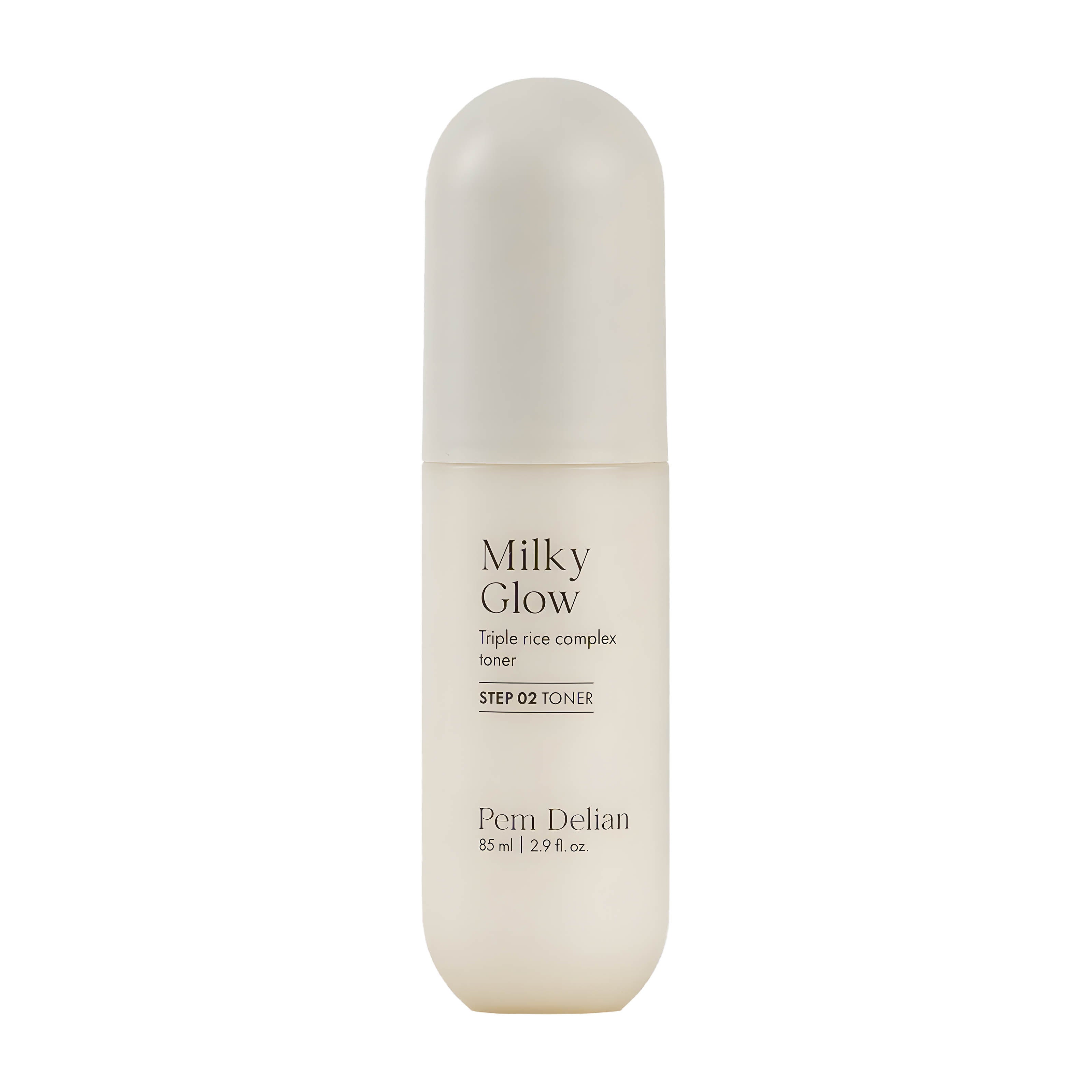Pem Delian Milky Glow Triple Rice Complex Face Toner bottle on a white background