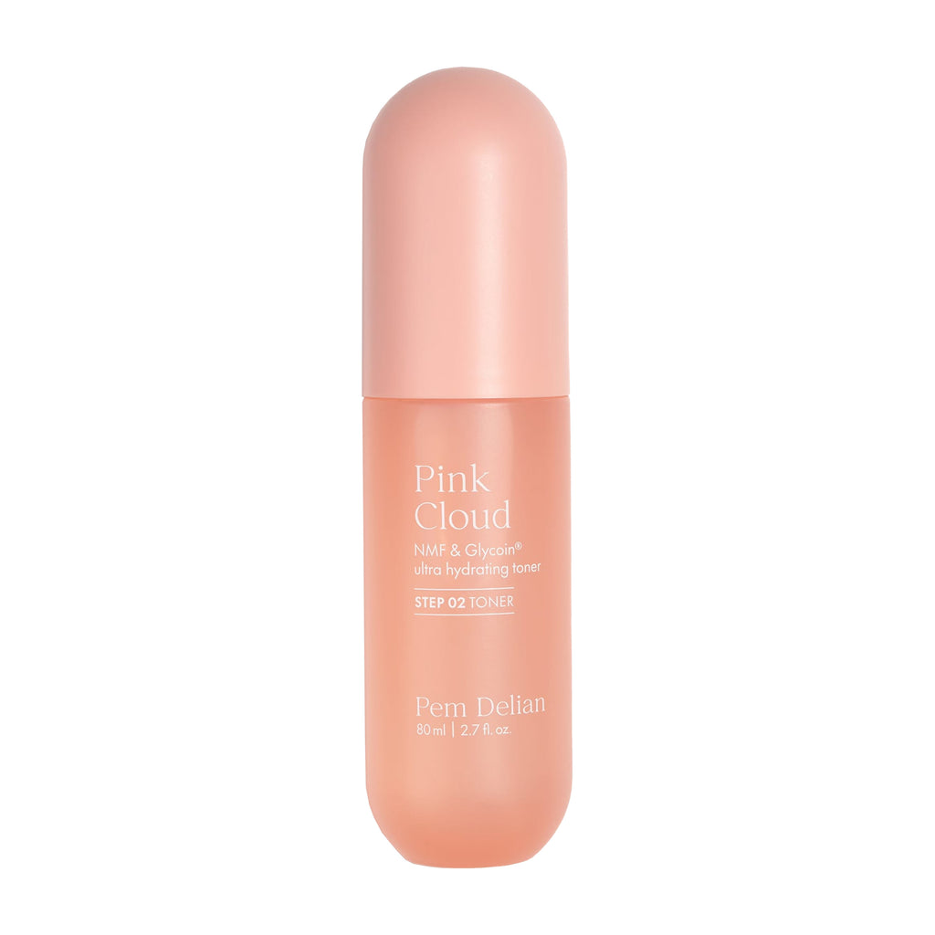 Pem Delian Pink Cloud toner bottle on a white background