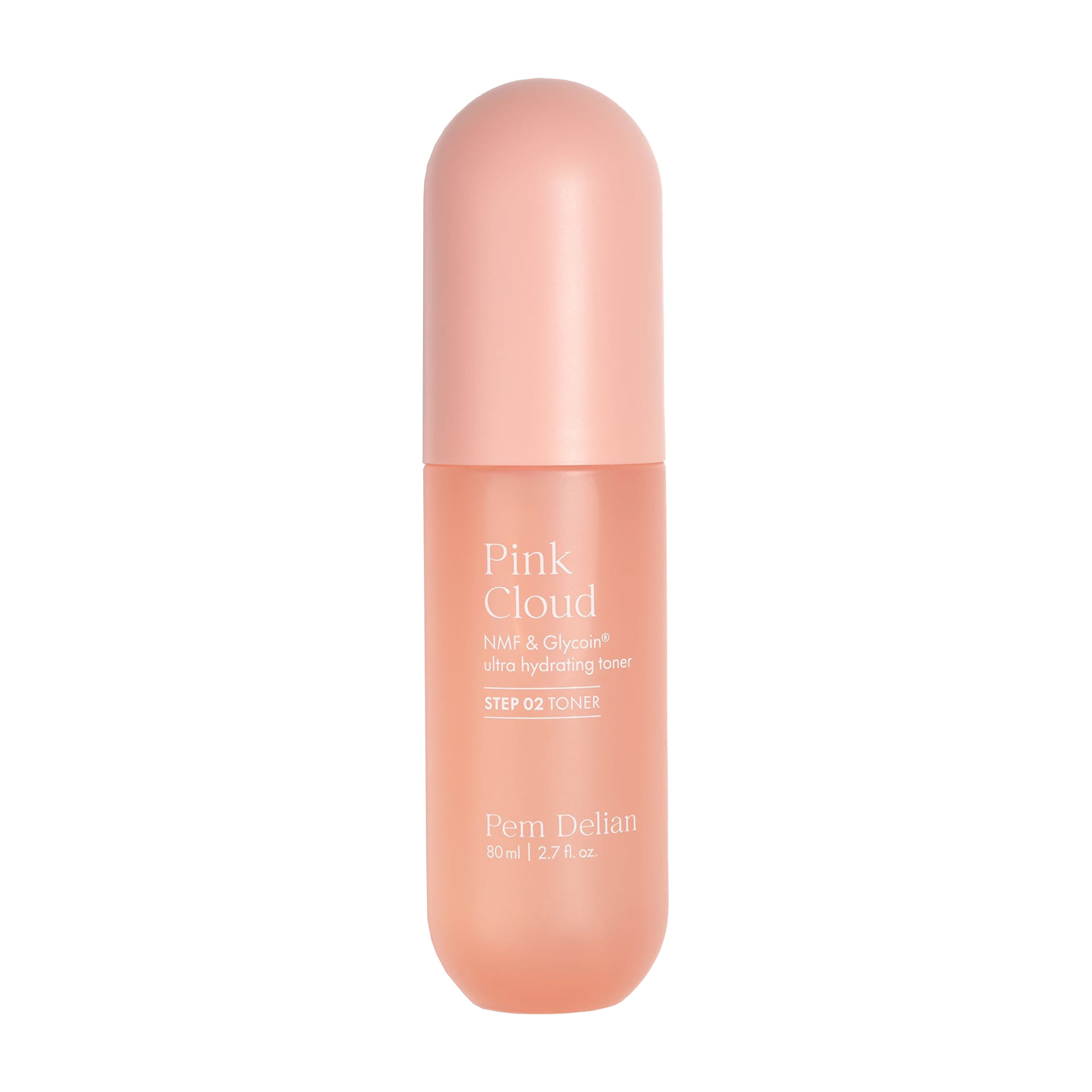 Pem Delian Pink Cloud toner bottle on a white background