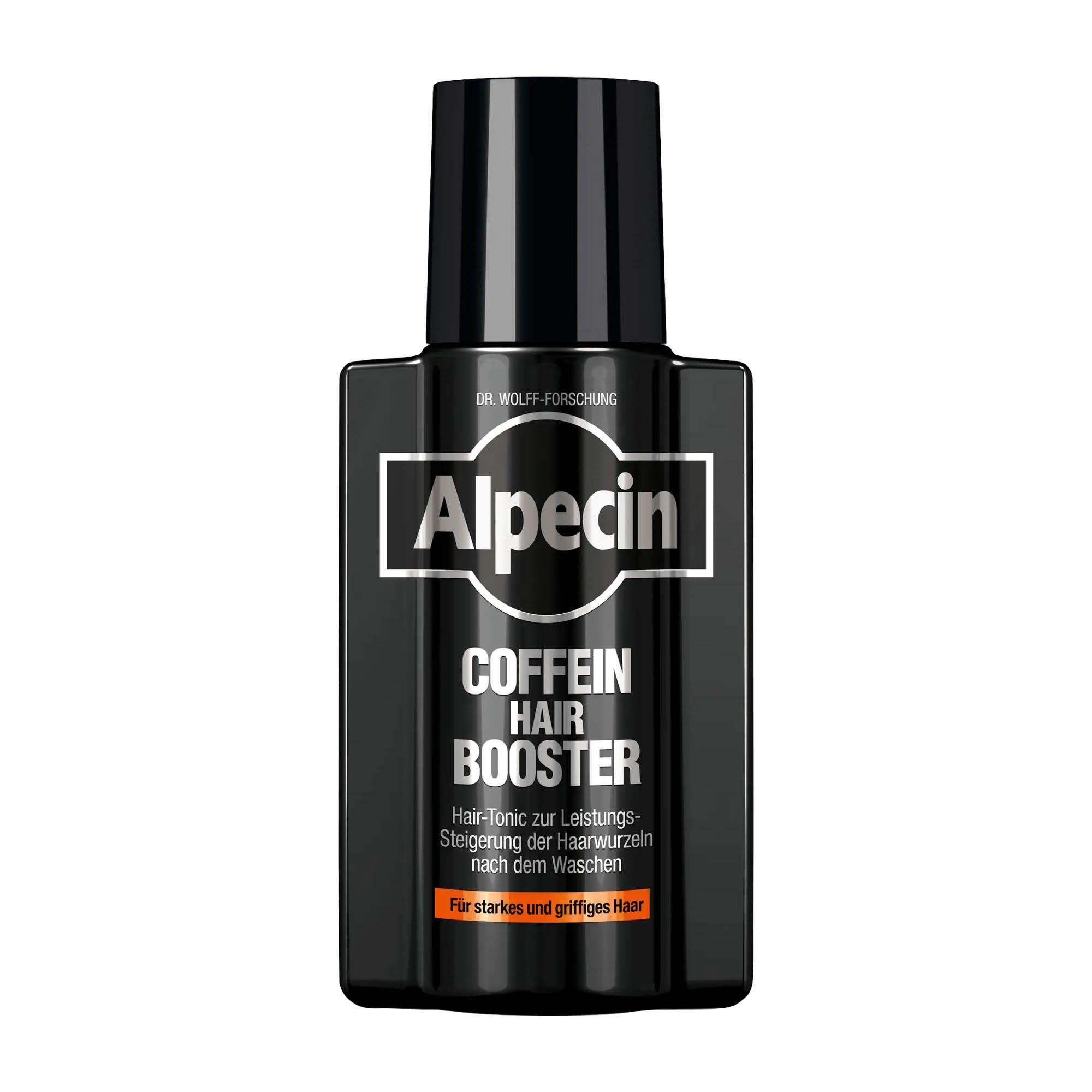 A bottle of Alpecin Caffein Hair Booster tonic designed for stimulating hair roots and strengthening hair.