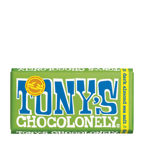 Tony's Chocolonely Almond Sea Salt dark chocolate bar packaging on a white background