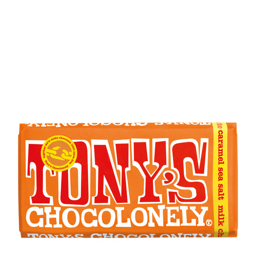 Tony's Chocolonely Caramel Sea Salt milk chocolate bar packaging on a white background