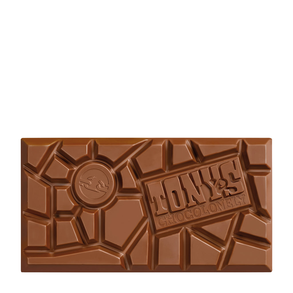 Tony's Chocolonely Caramel Sea Salt milk chocolate bar with a visible brand logo on a white background