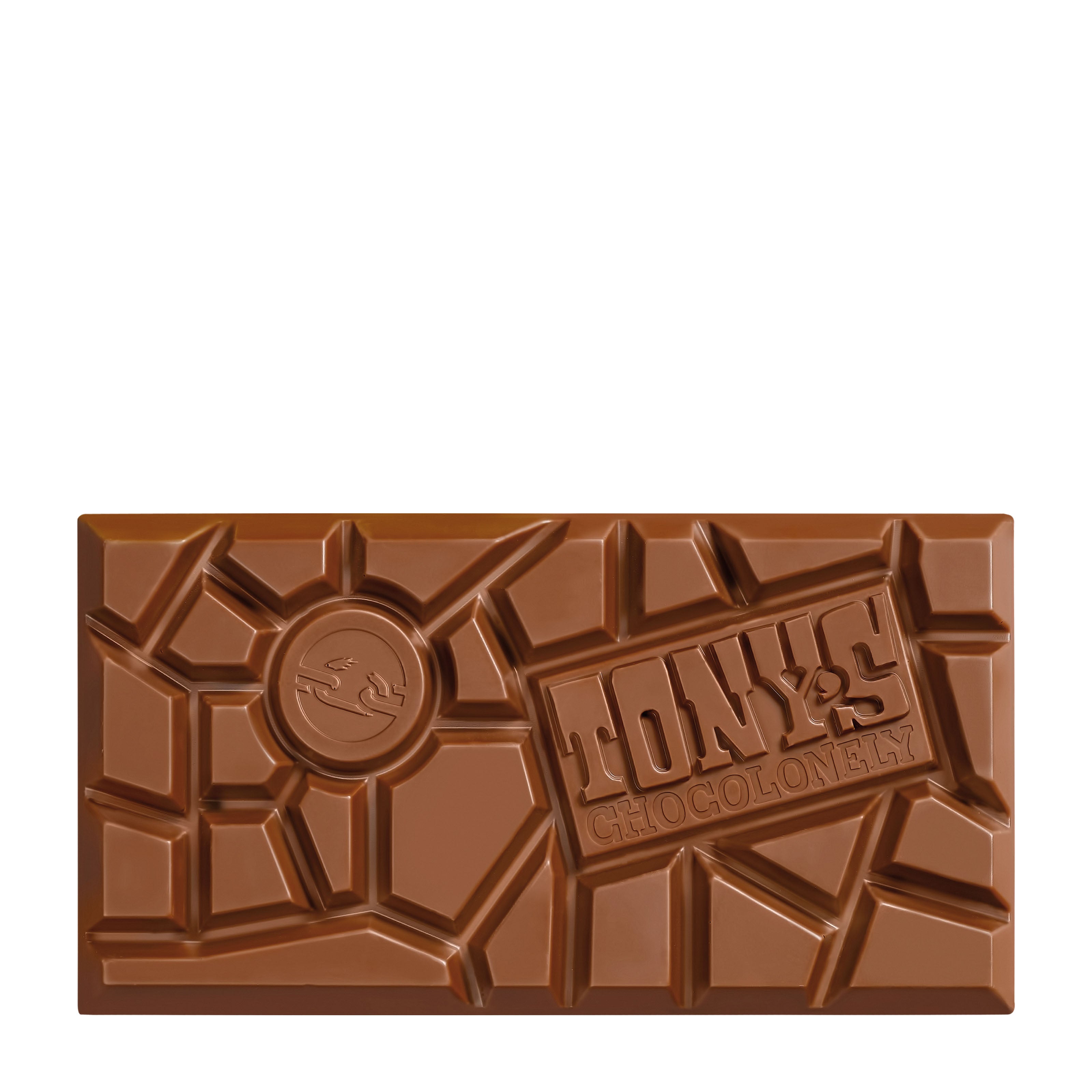 Tony's Chocolonely Caramel Sea Salt milk chocolate bar with a visible brand logo on a white background