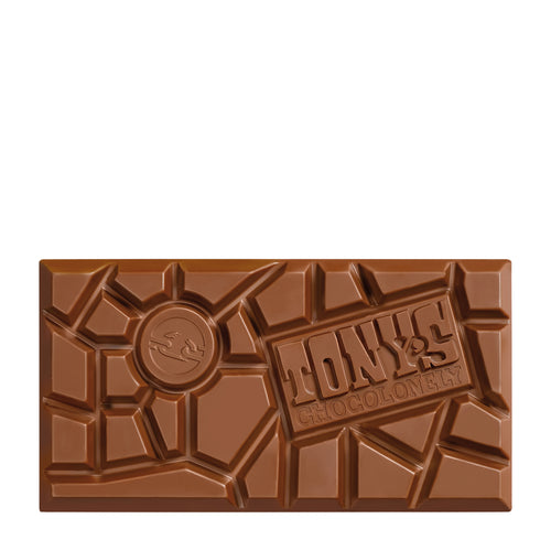 Tony's Chocolonely Caramel Sea Salt milk chocolate bar with a visible brand logo on a white background
