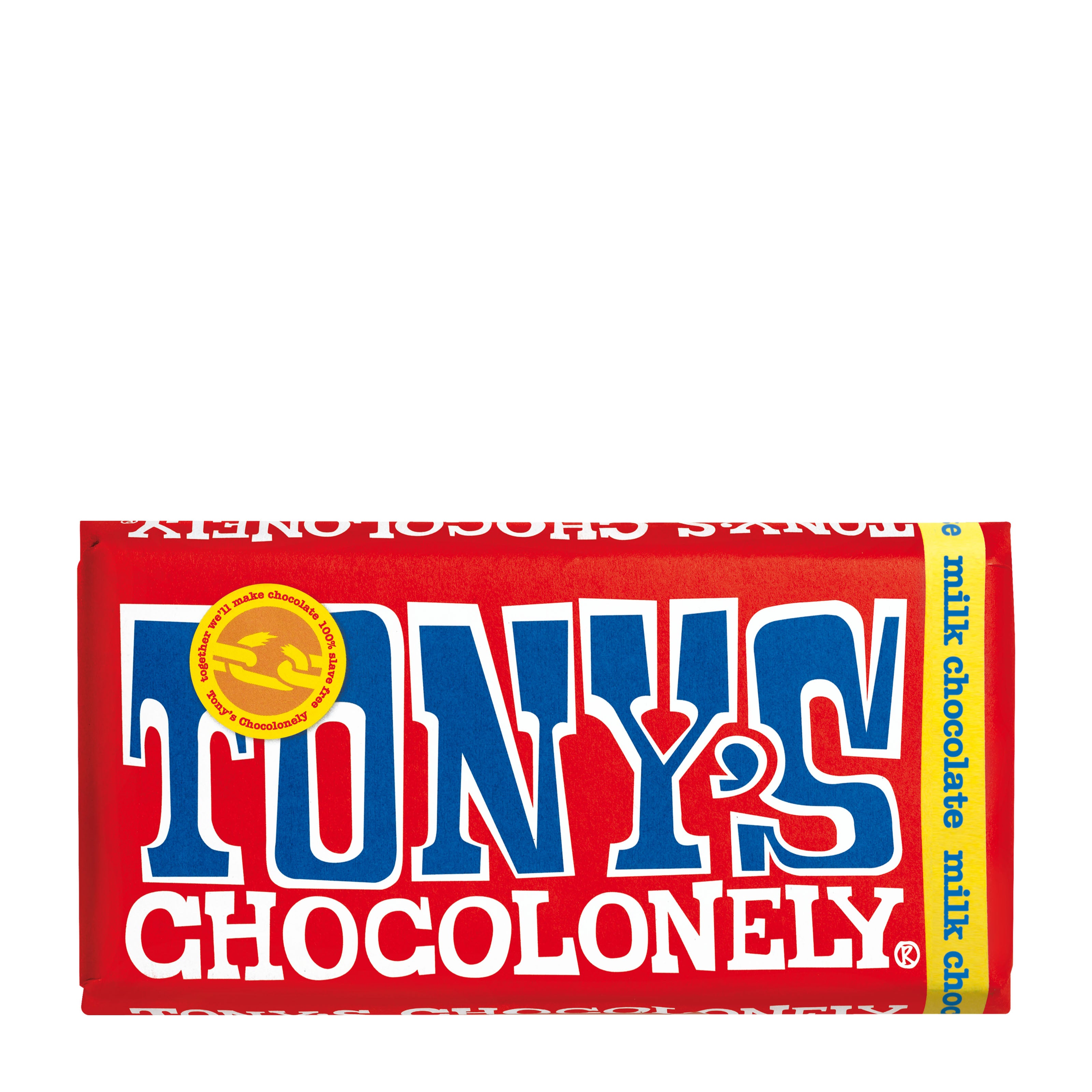 Tony's Chocolonely milk chocolate bar packaging on a white background