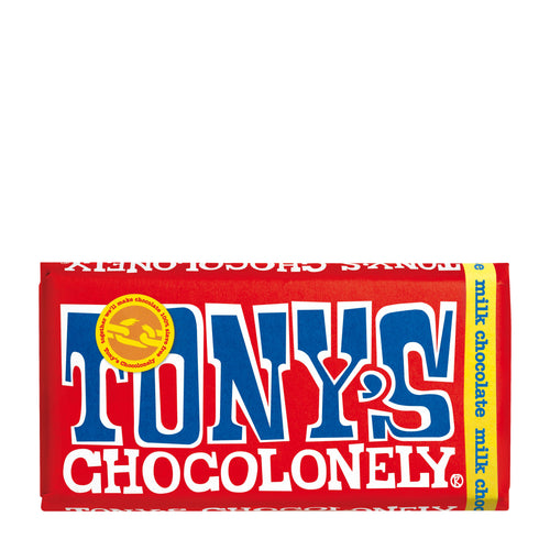 Tony's Chocolonely milk chocolate bar packaging on a white background