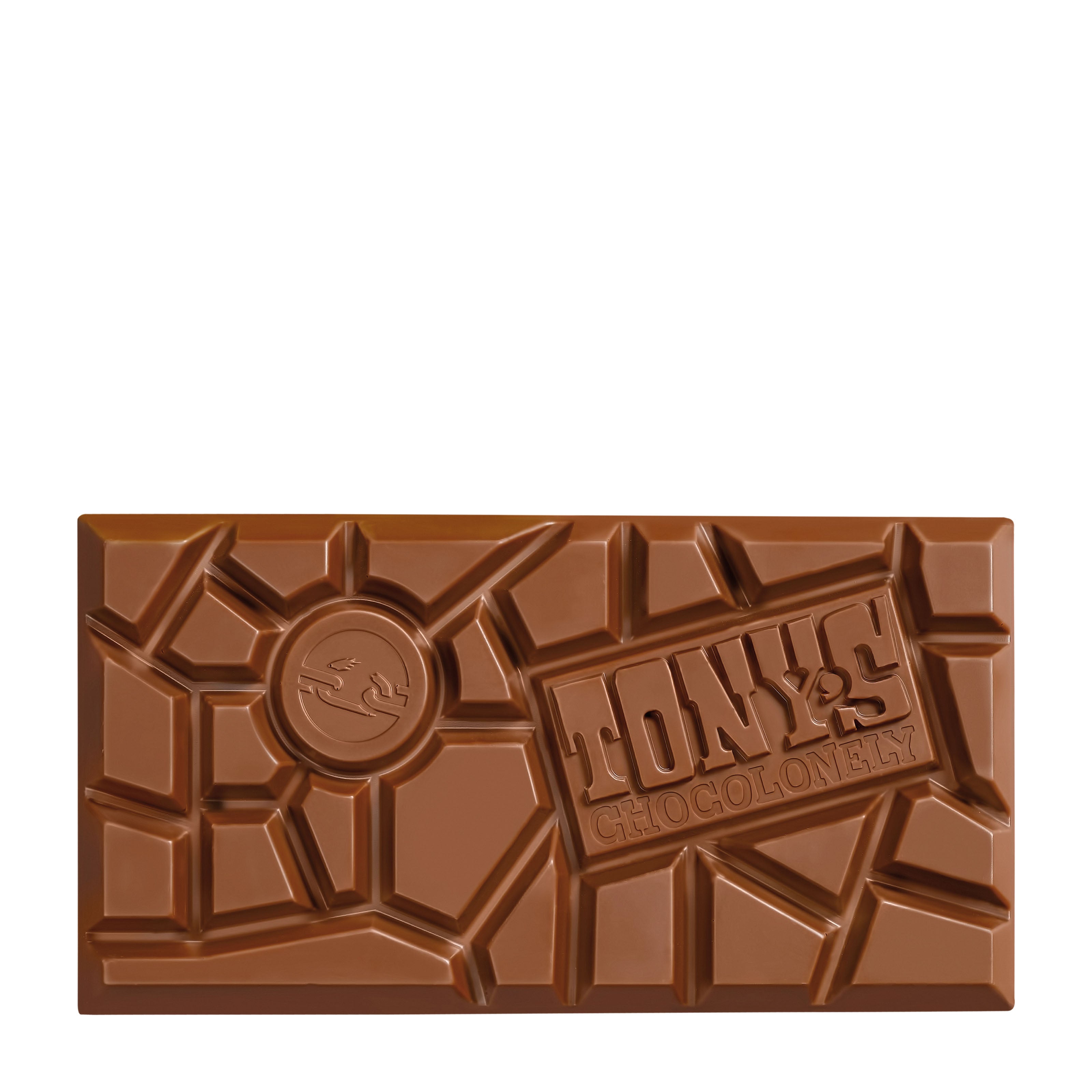 Milk chocolate bar with 'Tony's Chocolonely' logo on a white background