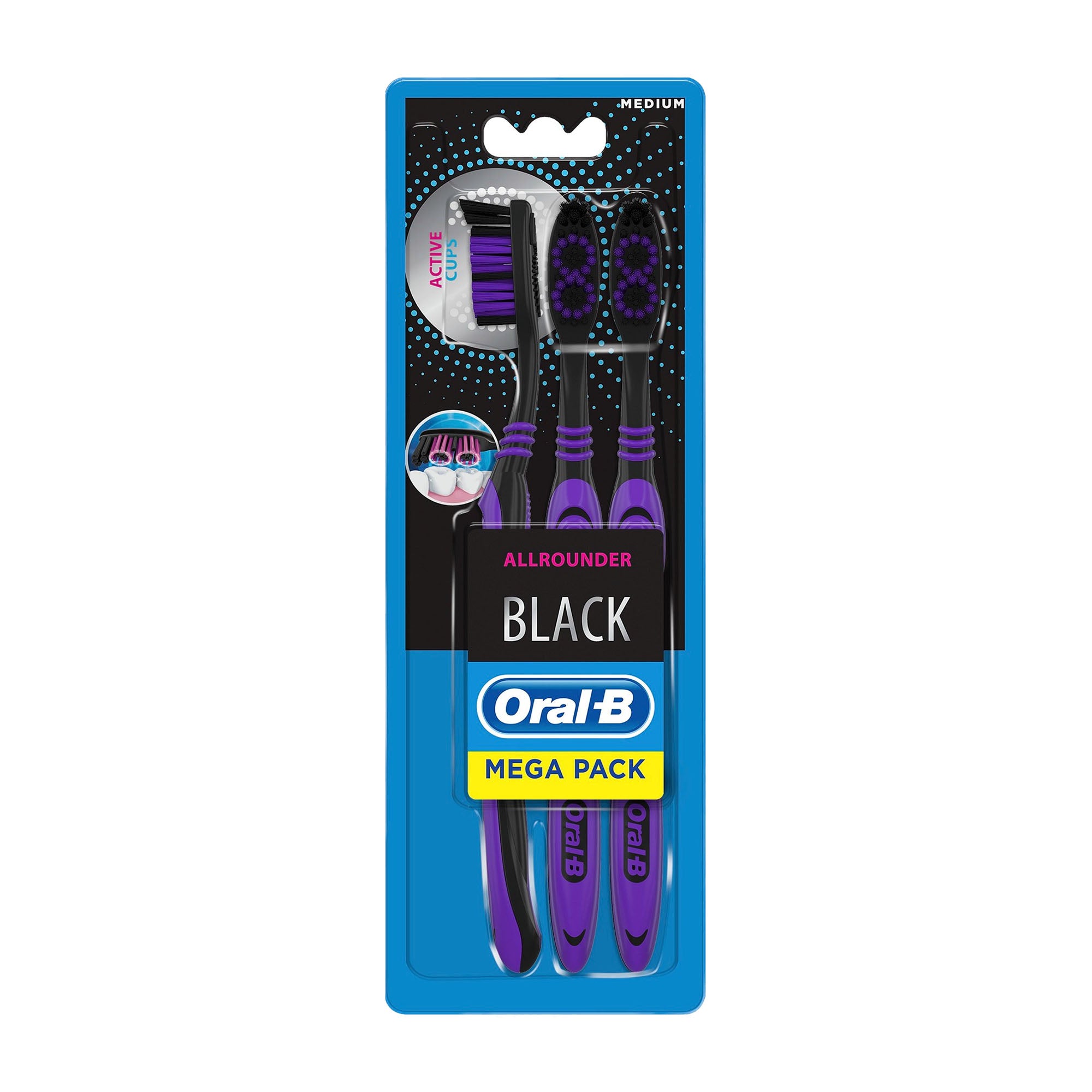 Oral-B Allrounder Black Medium trio toothbrushes in packaging with blue and black design