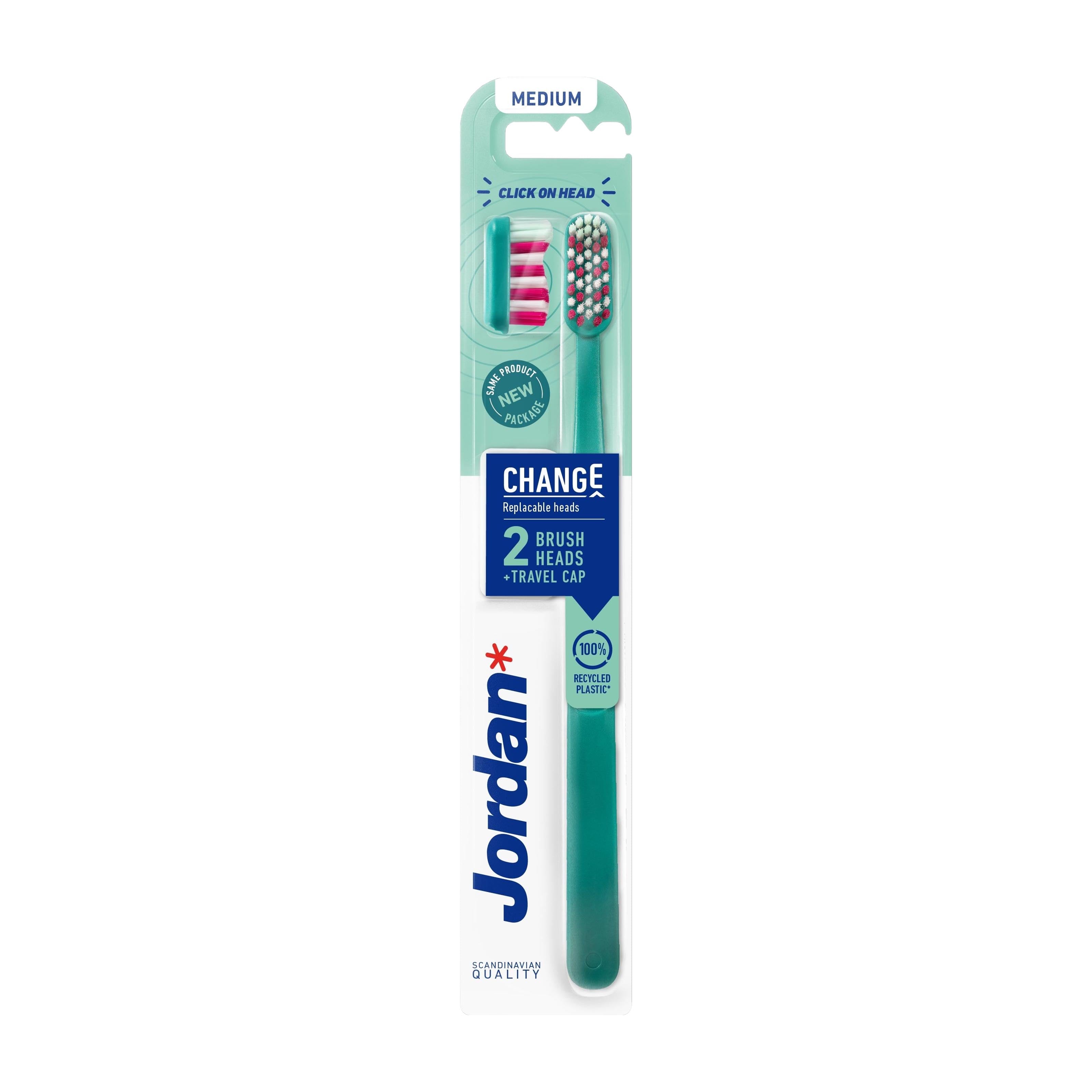Jordan Change Medium Toothbrush with Replaceable Heads packaging on a white background.