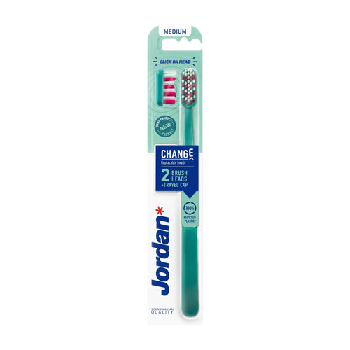 Jordan Change Medium Toothbrush with Replaceable Heads packaging on a white background.