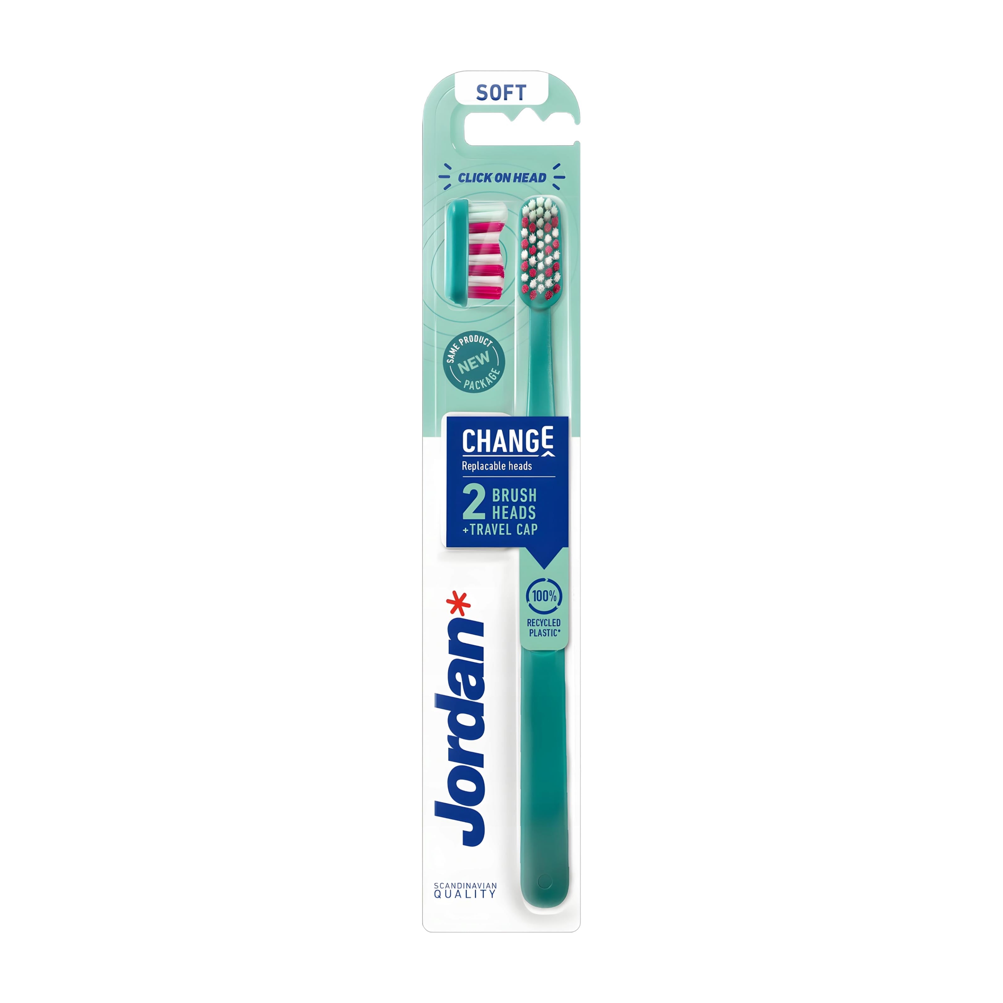Jordan Change Soft Toothbrush with Replaceable Heads packaging on a white background.
