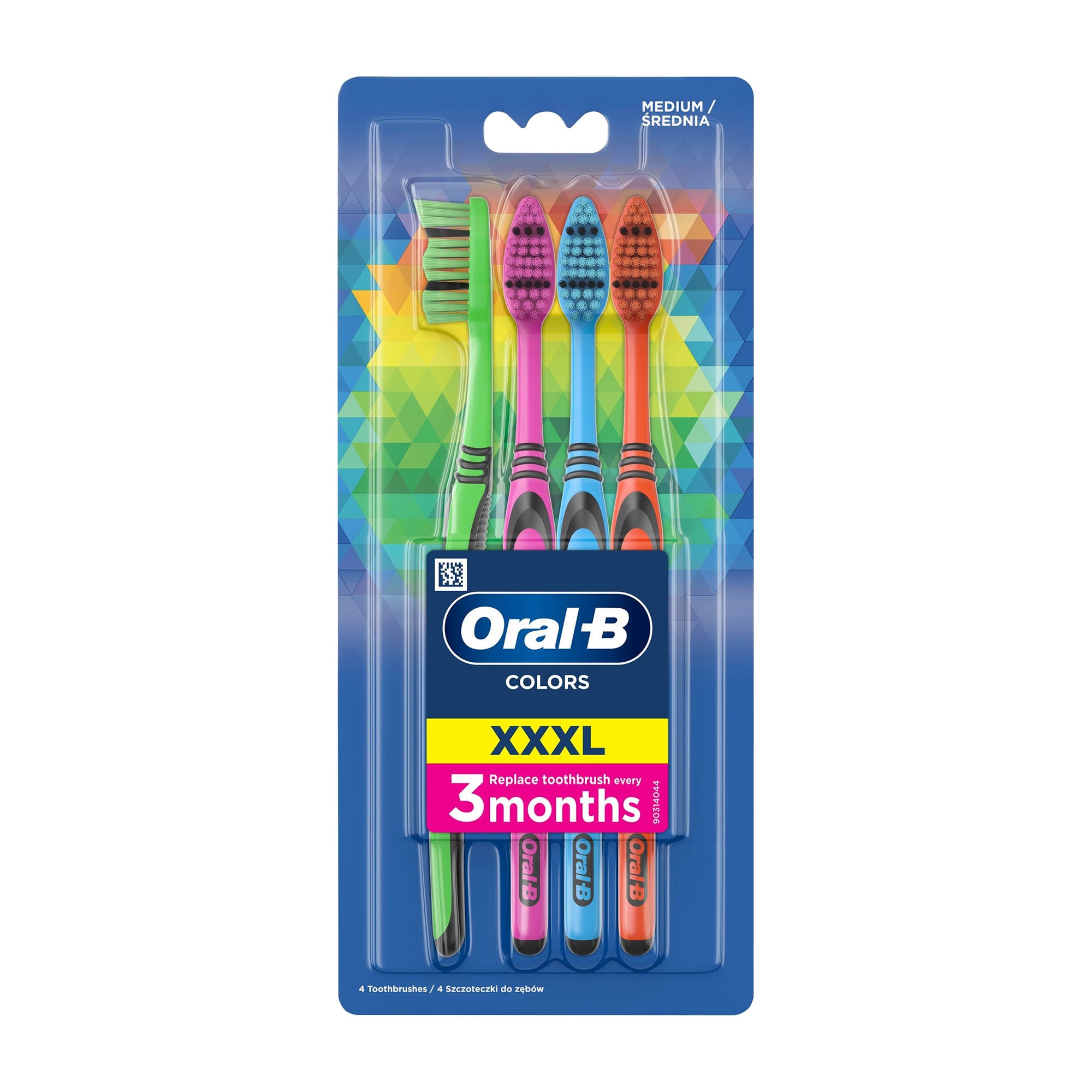 Packaging of Oral-B Colors XXXL medium manual toothbrush with four toothbrushes visible in different colors.