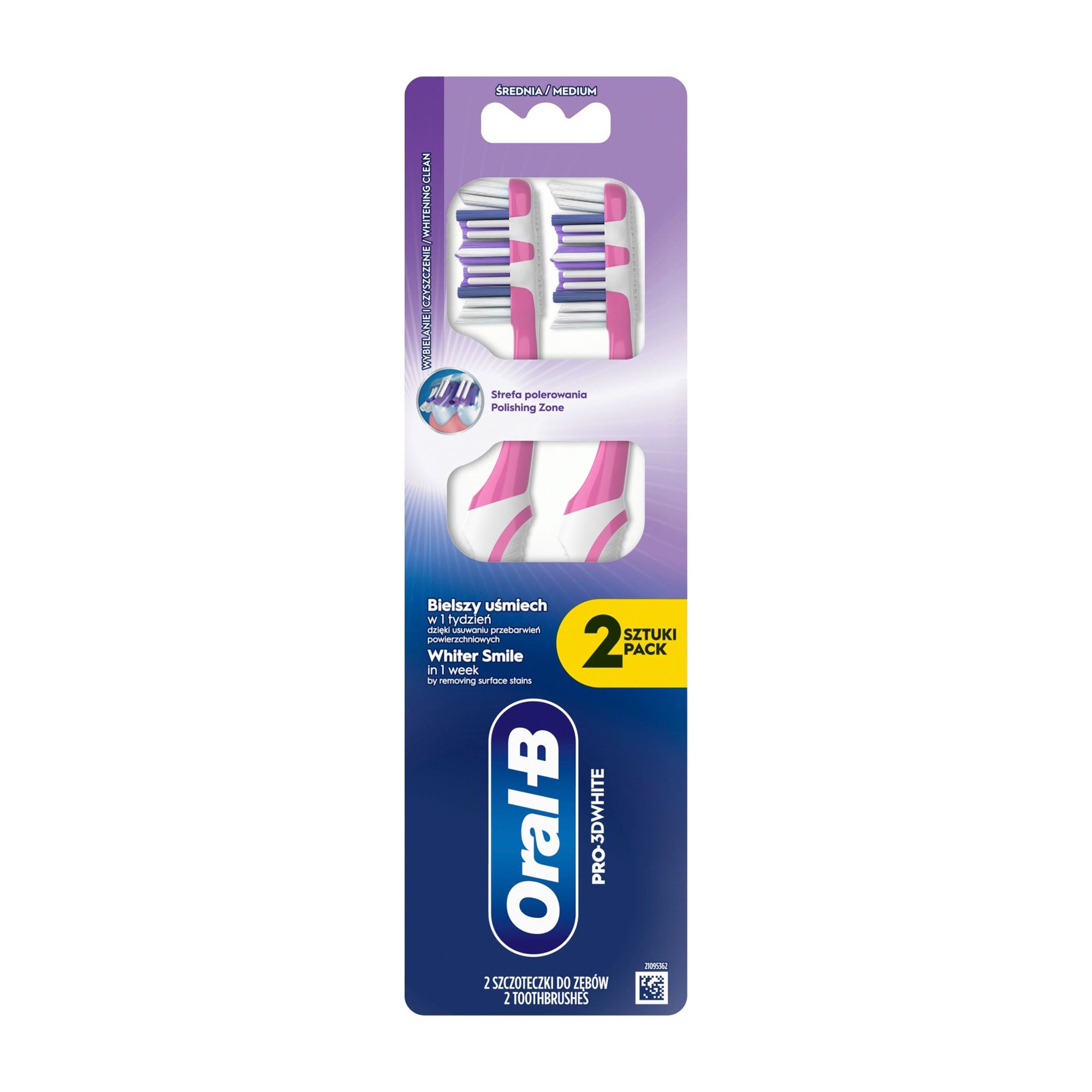 Pack of Oral-B Pro-3D White toothbrushes with purple-blue and white packaging on a white background