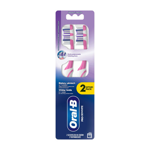 Pack of Oral-B Pro-3D White toothbrushes with purple-blue and white packaging on a white background