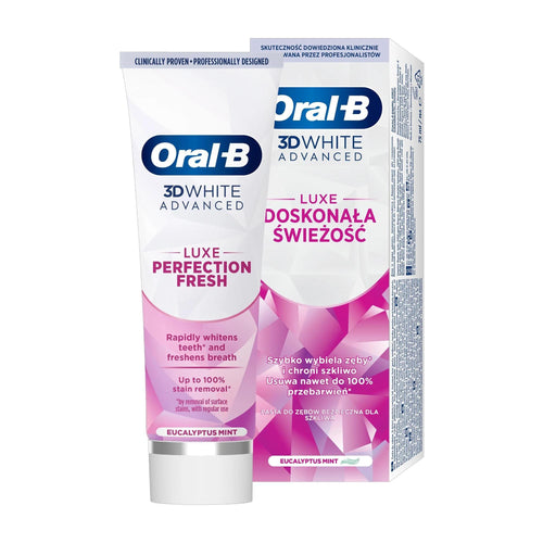 Oral-B 3D White Advanced Luxe Perfection Fresh toothpaste packaging and tube on a white background