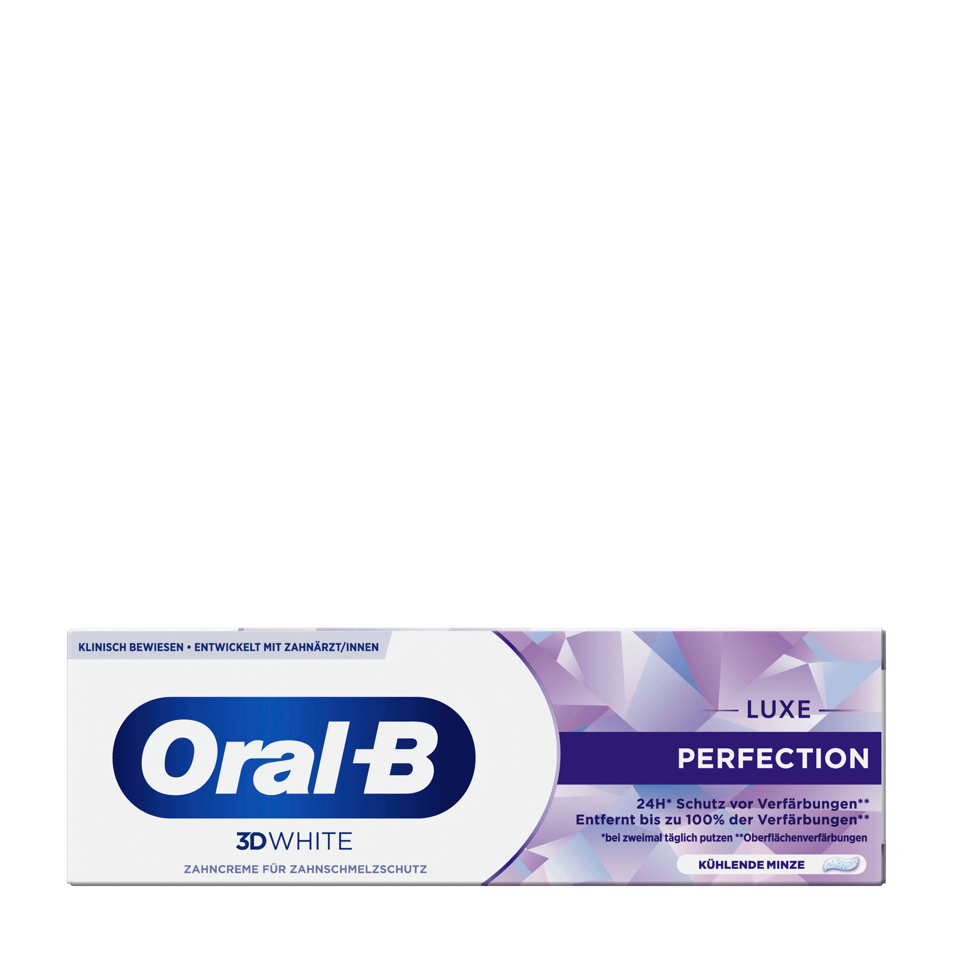 Oral-B 3D White Luxe Perfection toothpaste box on a white background