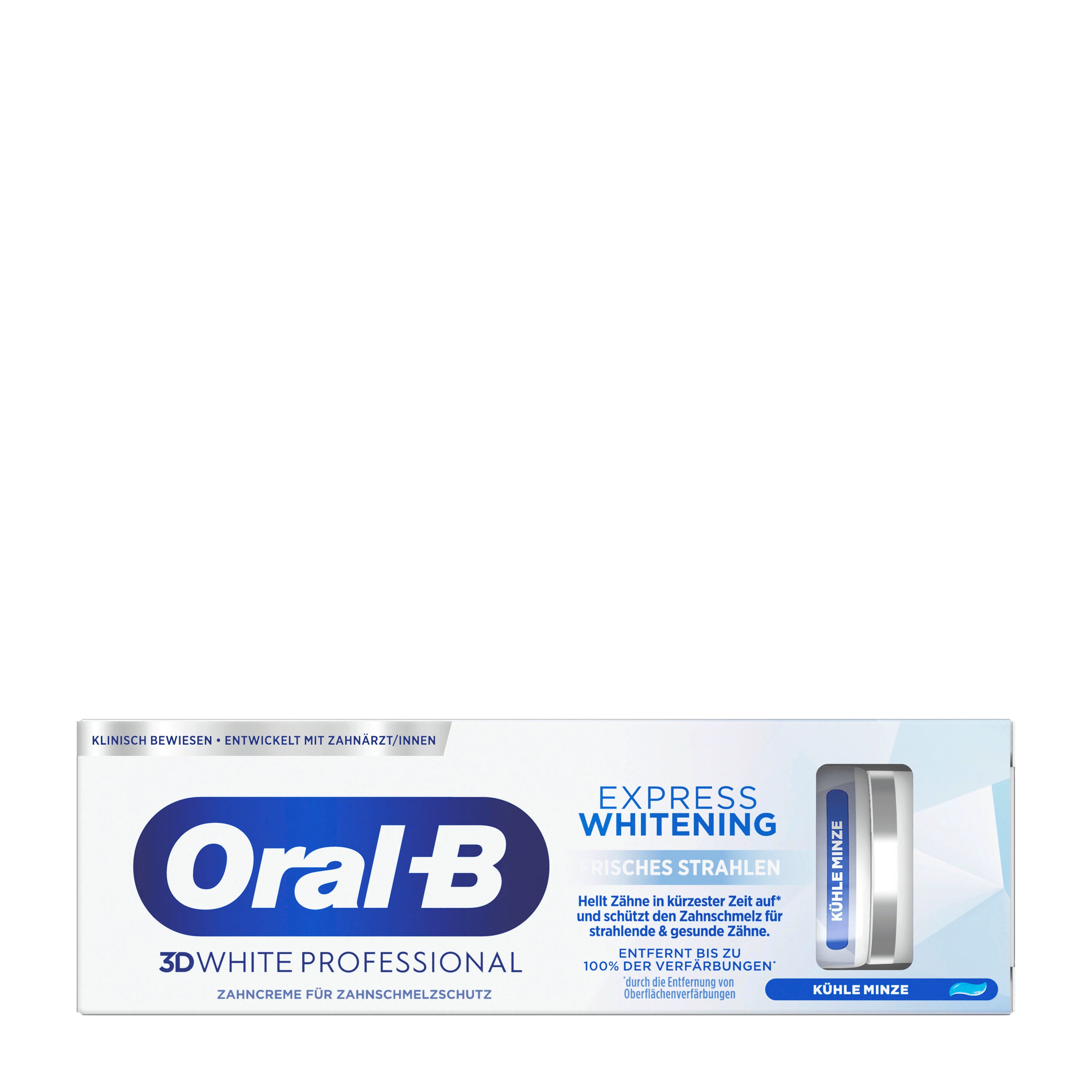 Oral-B 3D White Professional Express Whitening Fresh Glow toothpaste box with packaging on a white background