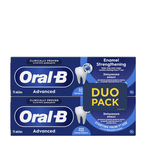 Oral-B Advanced Enamel Strengthening toothpaste duo pack on a white background