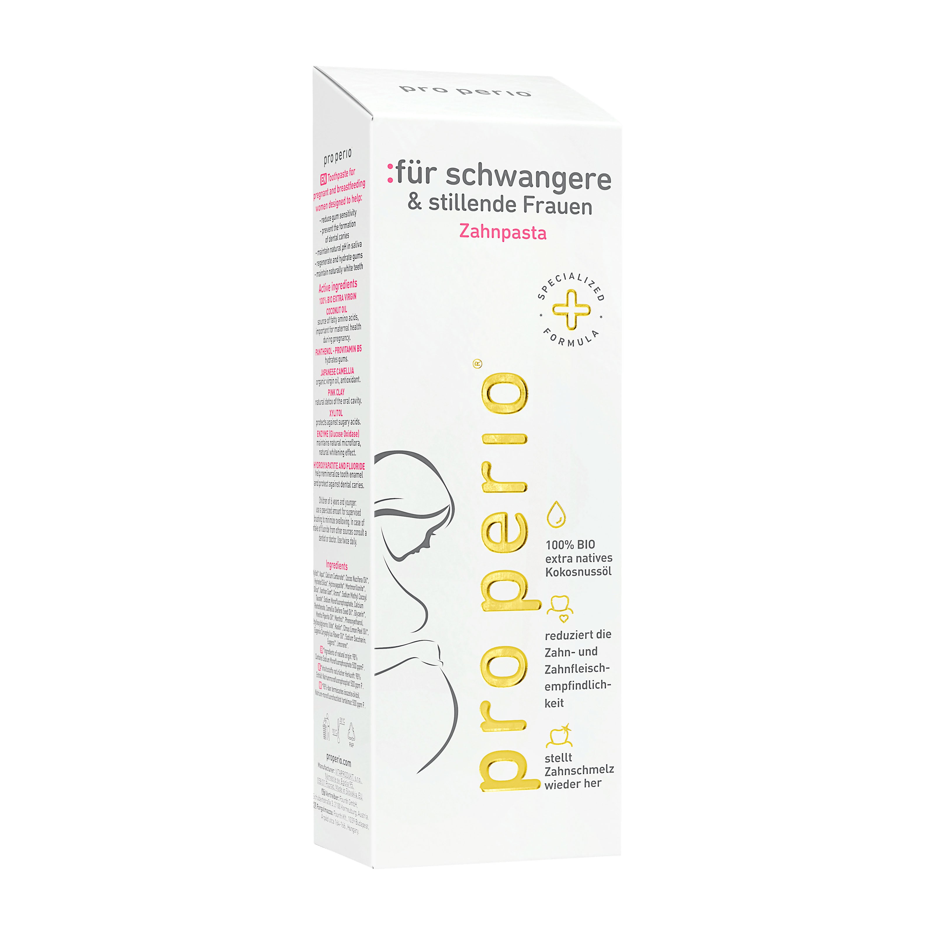 Properio toothpaste box for pregnant and breastfeeding women on a white background