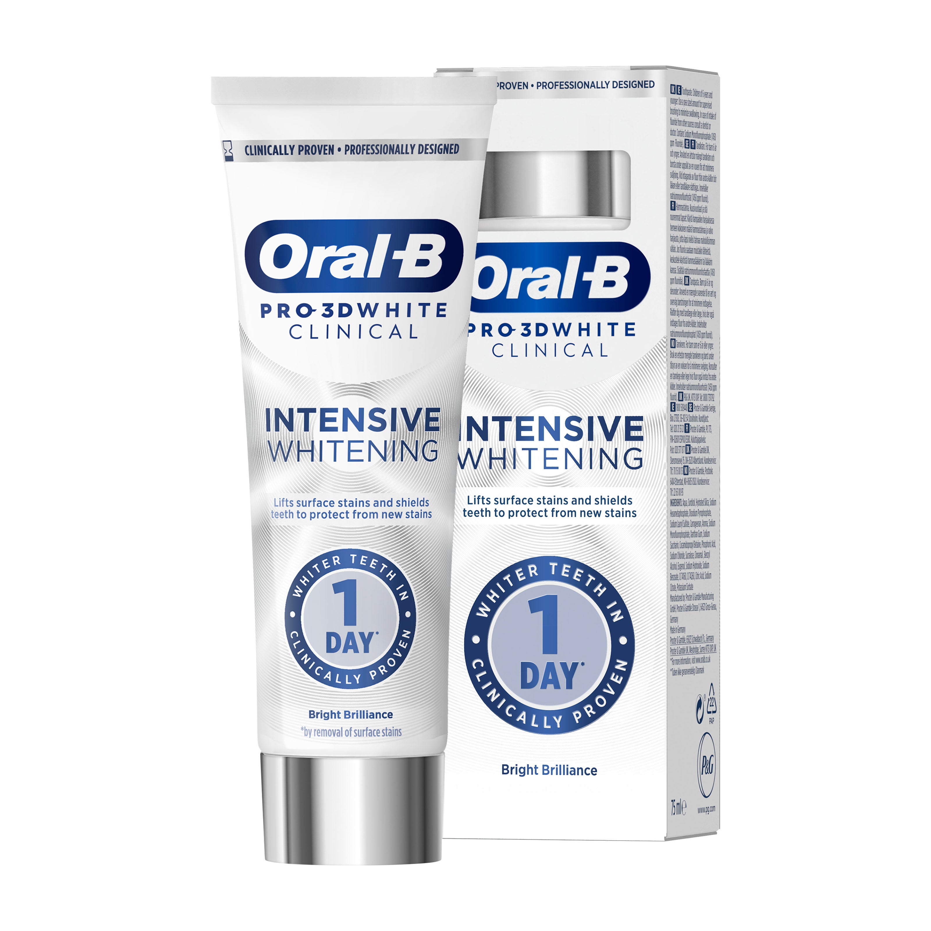 Oral-B Pro-3D White Clinical Intensive Whitening Bright Brilliance toothpaste tube and packaging on a white background