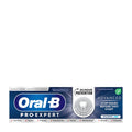 Packaging of Oral-B Pro-Expert Advanced extra whitening toothpaste, 75 mL with information about the product being clinically proven, professionally developed, and having 24-hour prevention capabilities.