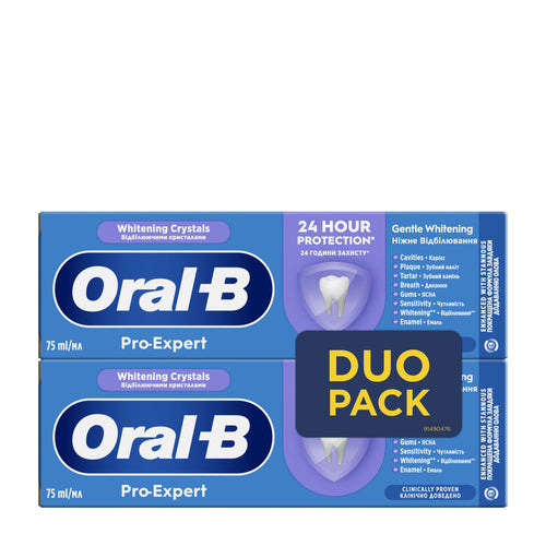 Oral-B Pro-Expert Whitening Crystals toothpaste duo pack on a white background