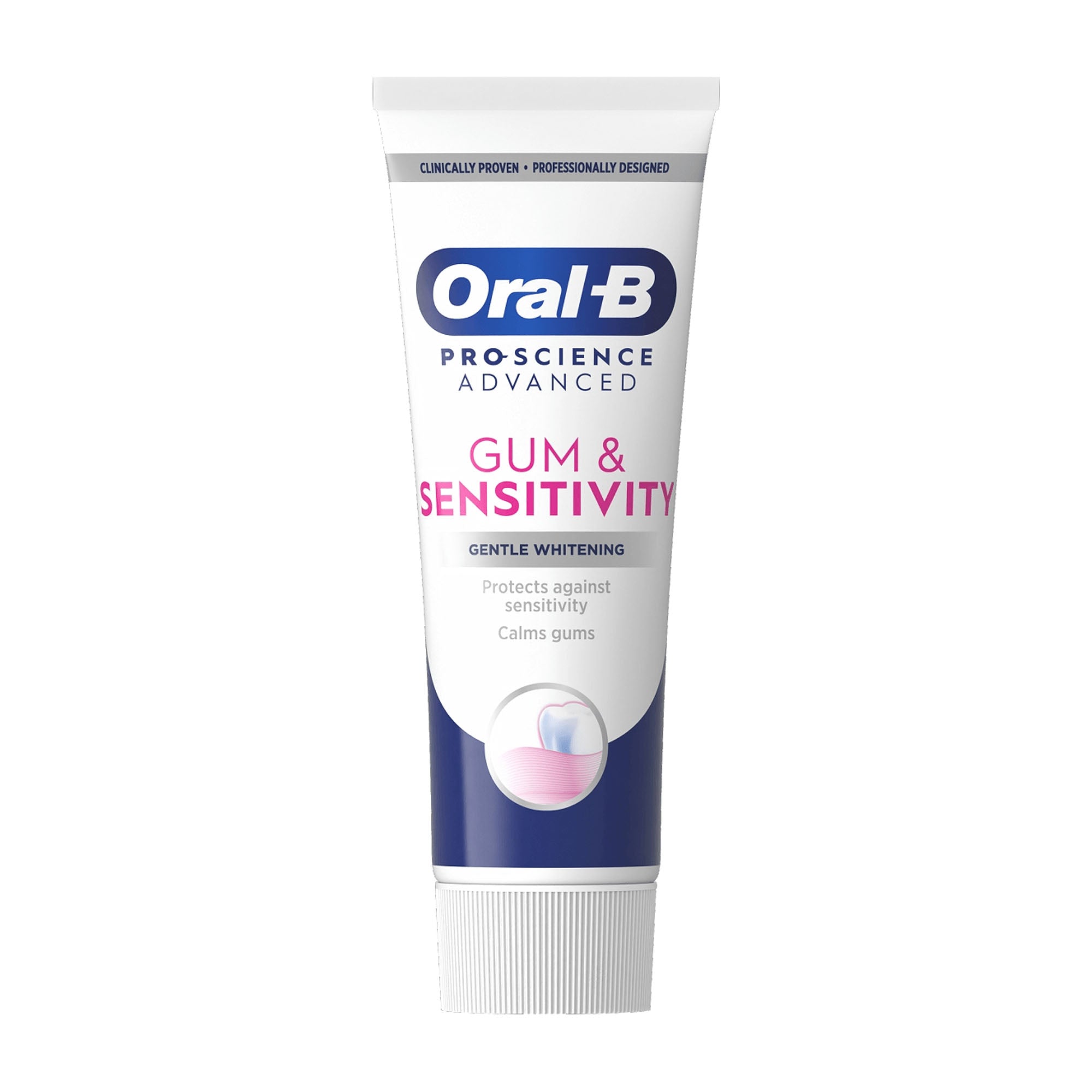 A tube of Oral-B Pro-Science Advanced gum & sensitivity gentle whitening toothpaste.