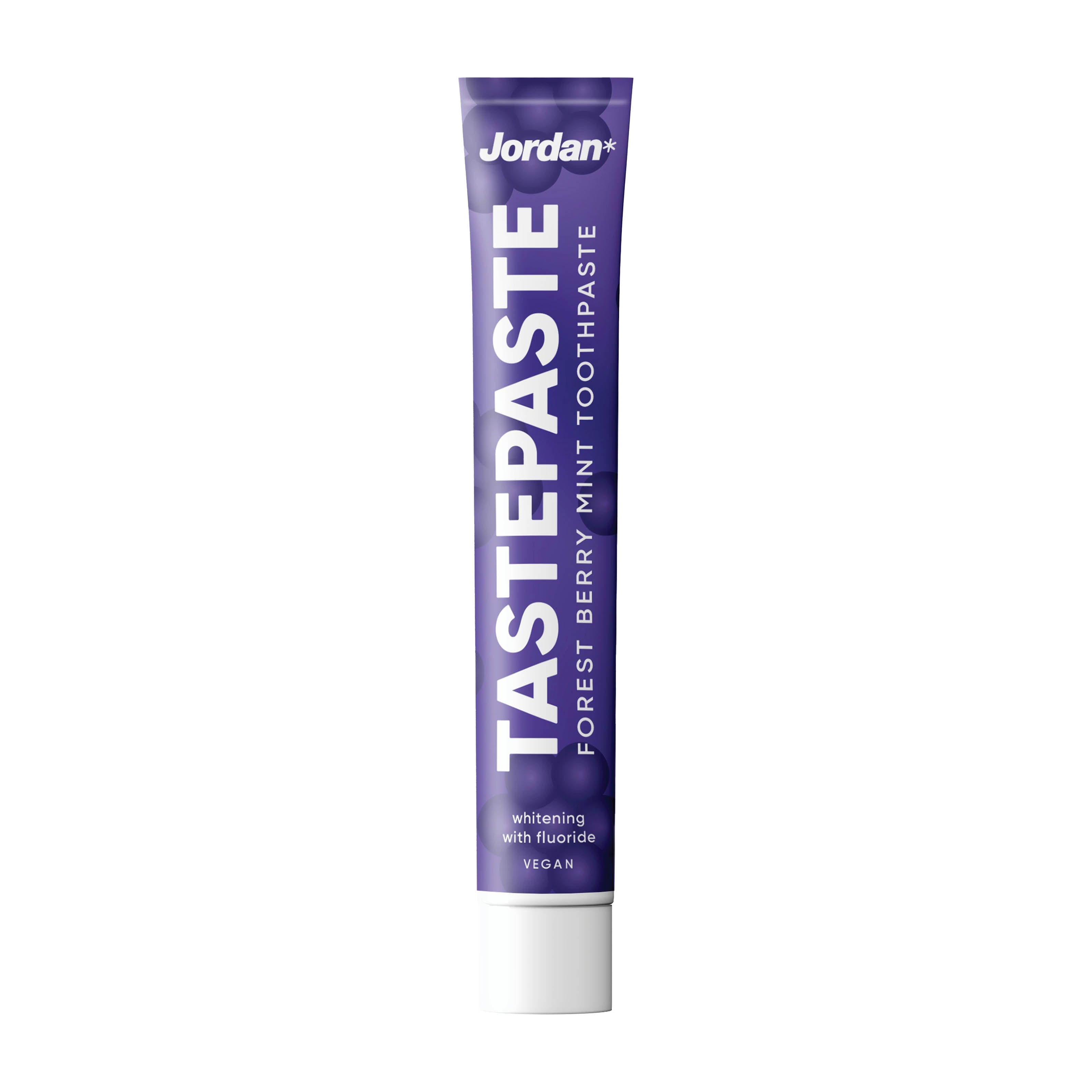 Jordan Tastepaste Forest Berry Mint toothpaste tube on a white background