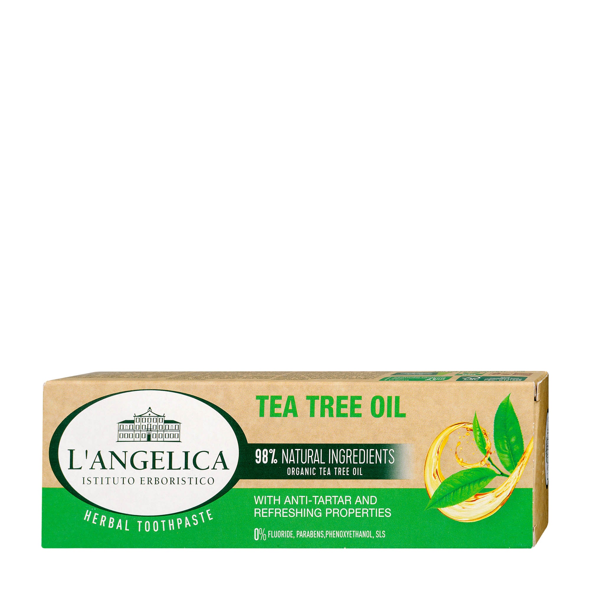 Packaging box of L'Angelica Tea Tree Oil Herbal Toothpaste, highlighting 98% natural ingredients and organic tea tree oil.