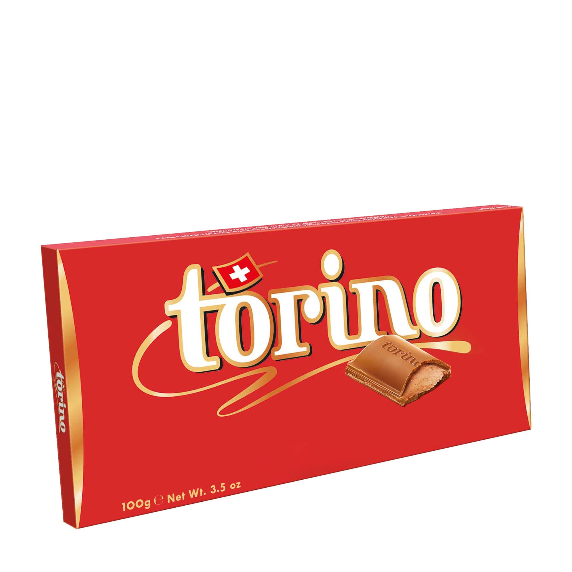 A red Torino milk chocolate bar packaging with the image of a chocolate piece and the brand's logo.