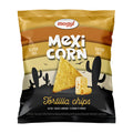 Packaging of mogyi Mexi Corn Cheese flavored Tortilla chips with a desert design.