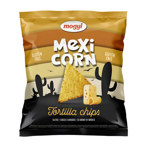 Packaging of mogyi Mexi Corn Cheese flavored Tortilla chips with a desert design.