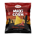 Bag of mogyi Mexi Corn Chili flavored Tortilla chips with desert design on a white background