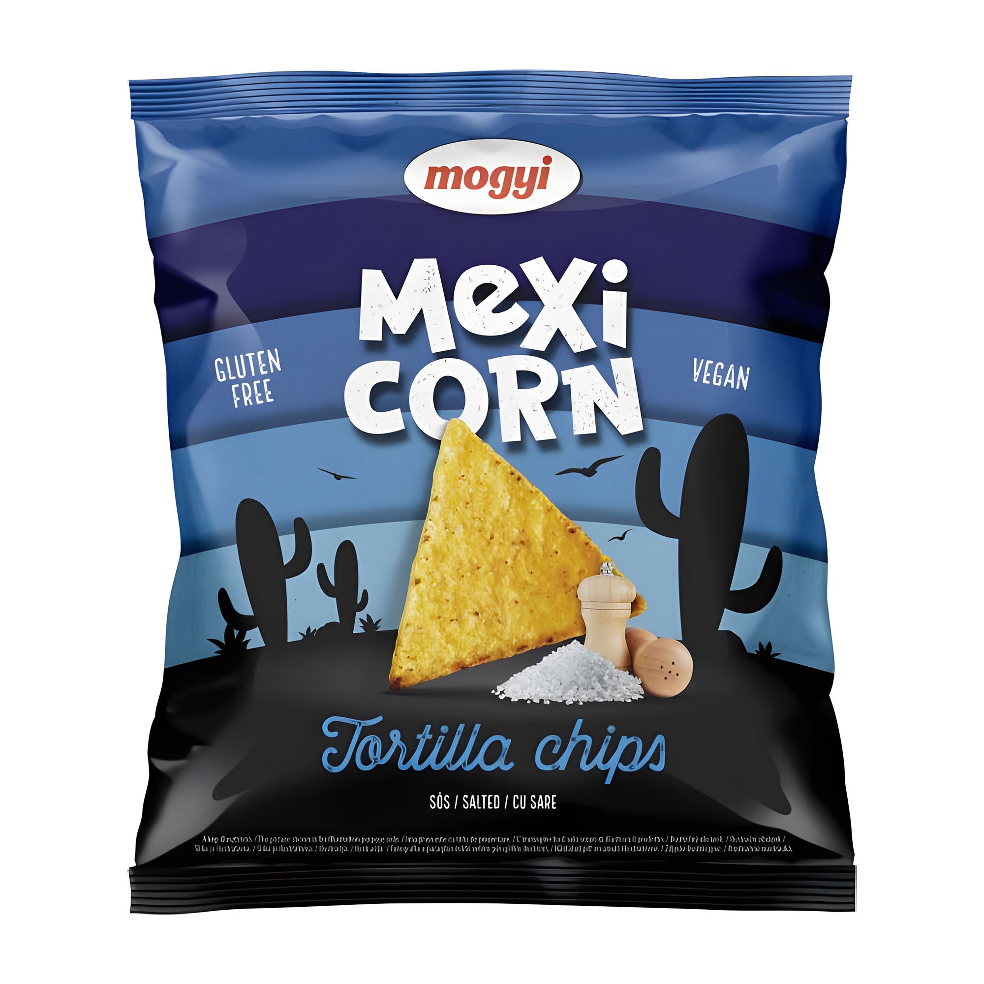 Package of mogyi Mexi Corn Tortilla chips with a blue and black design.