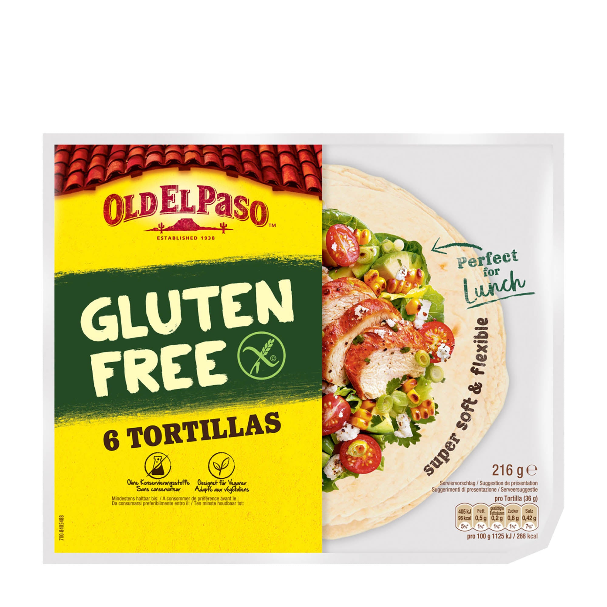 Packaging of Old El Paso gluten-free tortillas, showing the product name, count of 6 tortillas, and an image of a tortilla wrapped in a burrito.