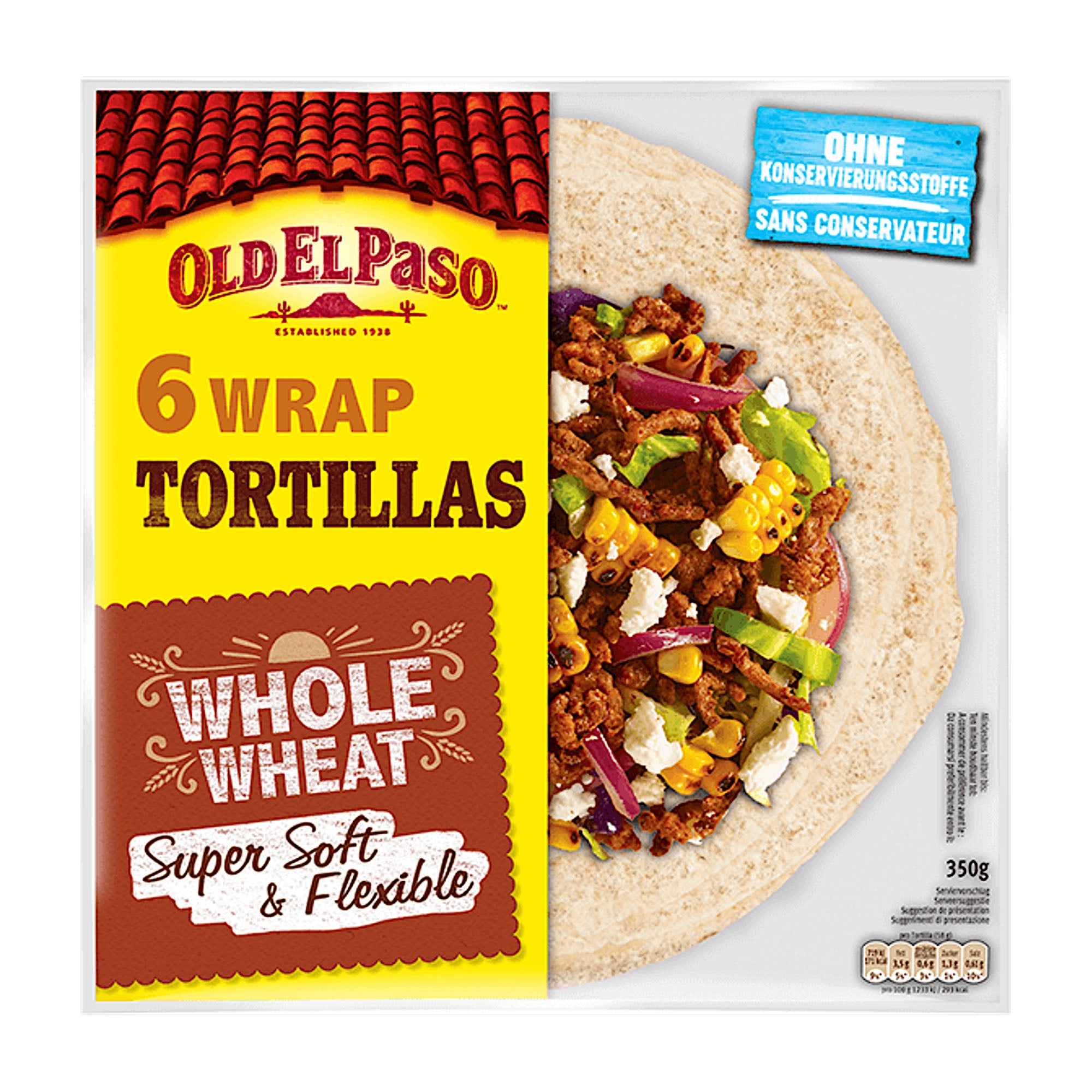 Old El Paso whole wheat wrap tortillas packaging with a tortilla filled with ingredients on a white background.
