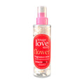 Bottle of Treaclemoon rouge love story flower fragrance body mist with a pink spray nozzle on a white background