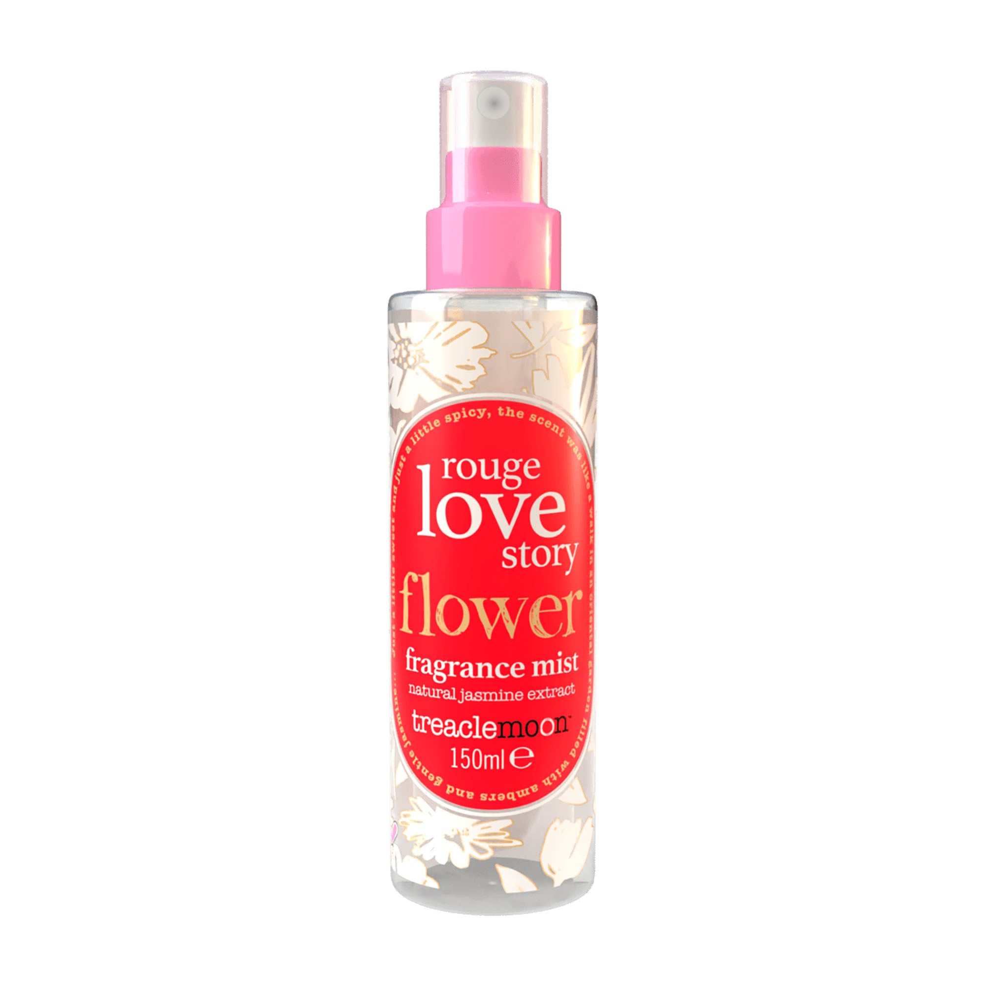 Bottle of Treaclemoon rouge love story flower fragrance body mist with a pink spray nozzle on a white background
