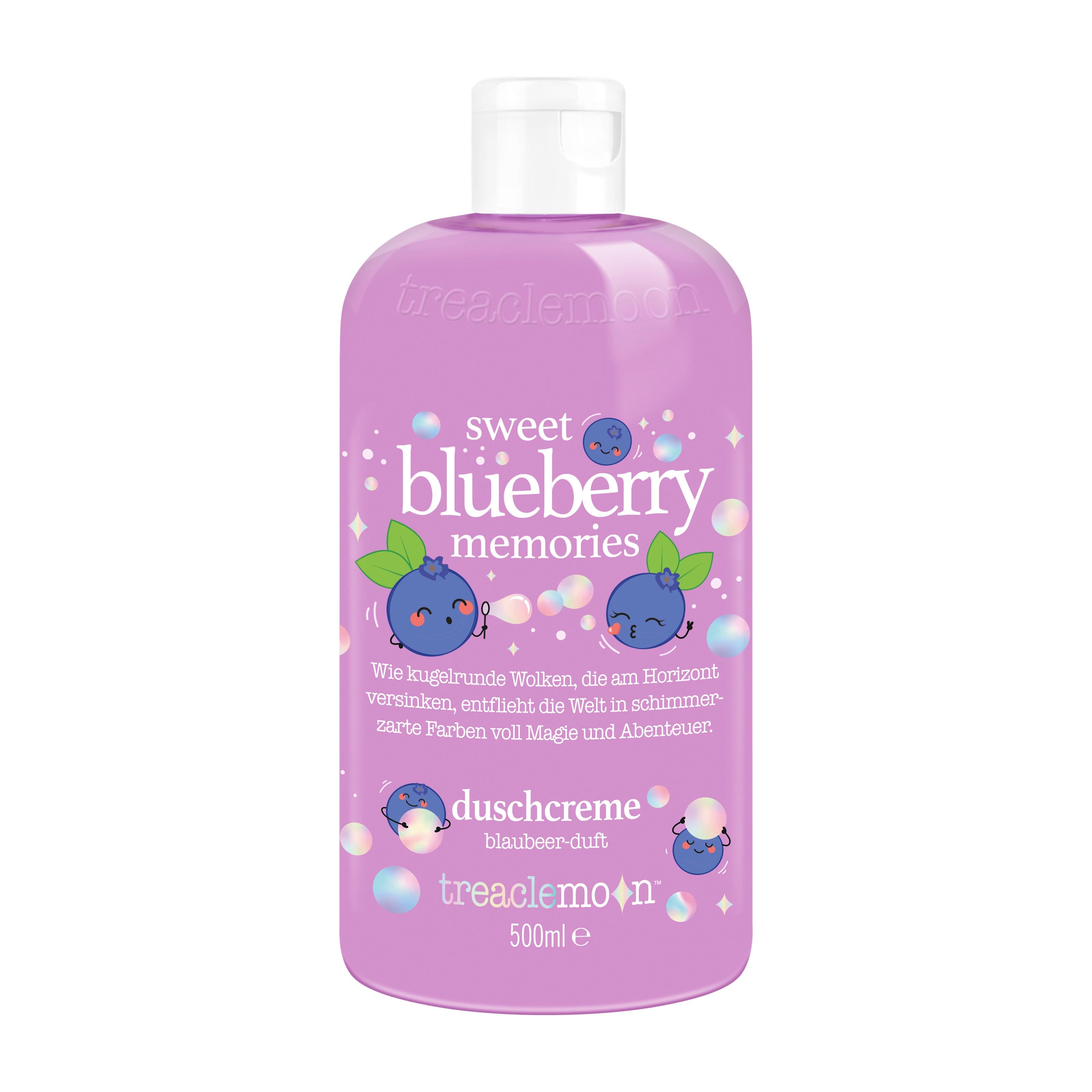 Bottle of Treaclemoon Sweet Blueberry Memories shower cream on a white background